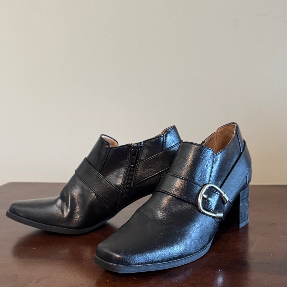 Abella Black Leather Ankle Booties with Buckle